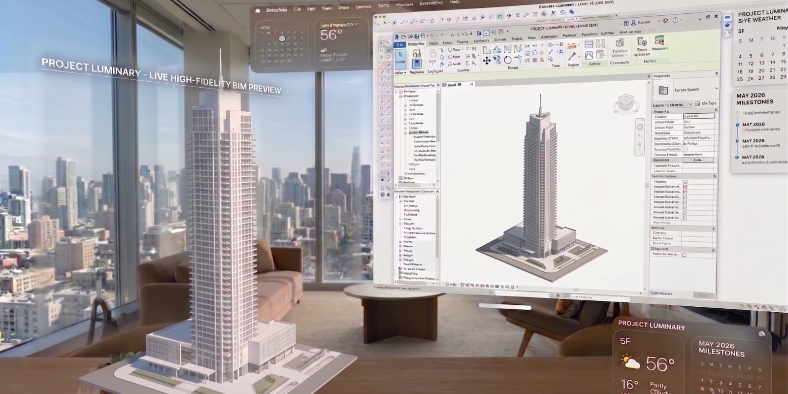 A building model rendered spatially next to the CAD file it came from