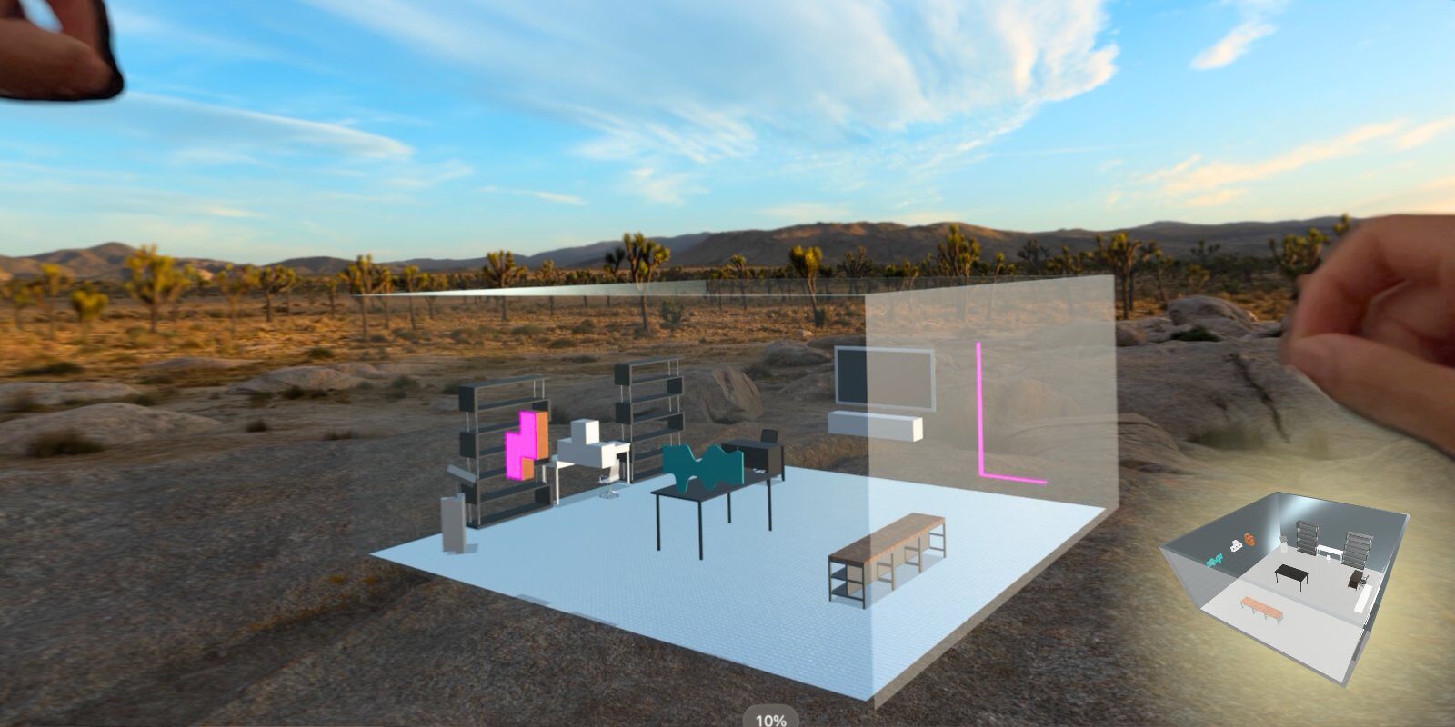 A room layout placed and scaled into an outdoor site, viewed spatially
