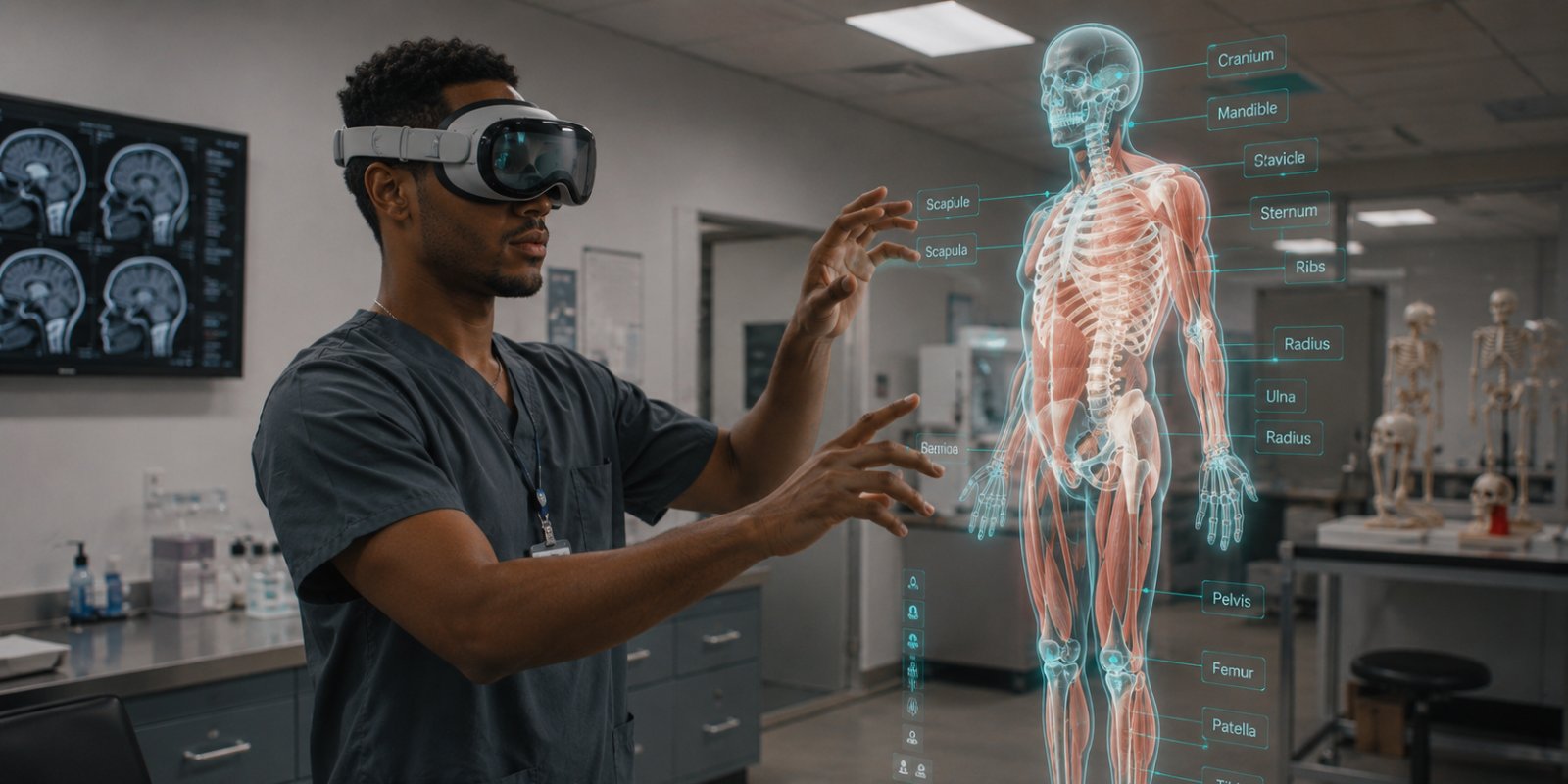 A clinician in a headset examining a labelled anatomical model rendered in the room