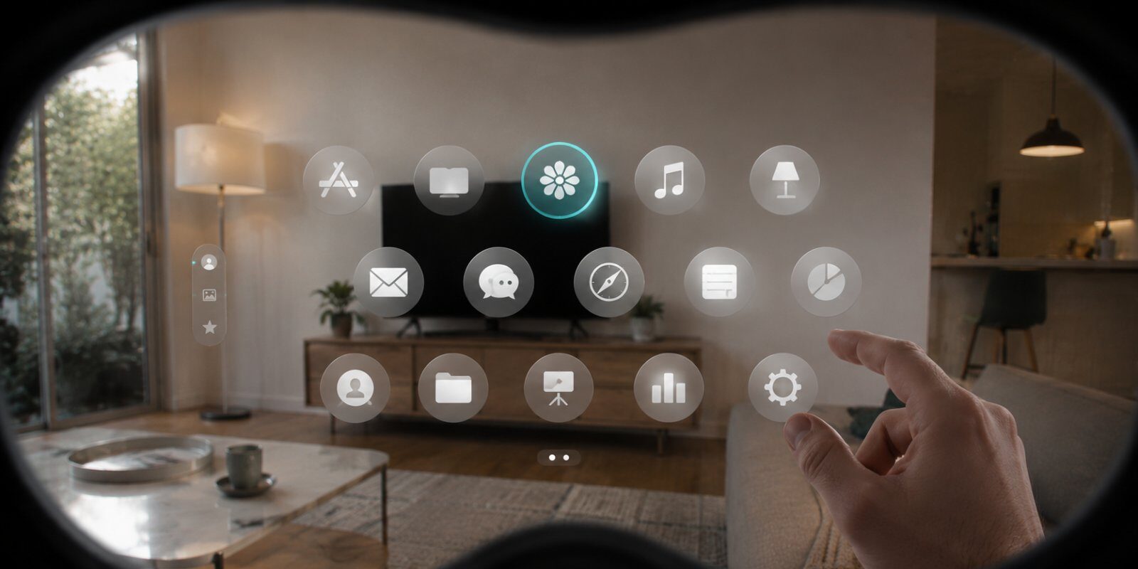 A visionOS home view seen through a headset, app windows placed around a living room